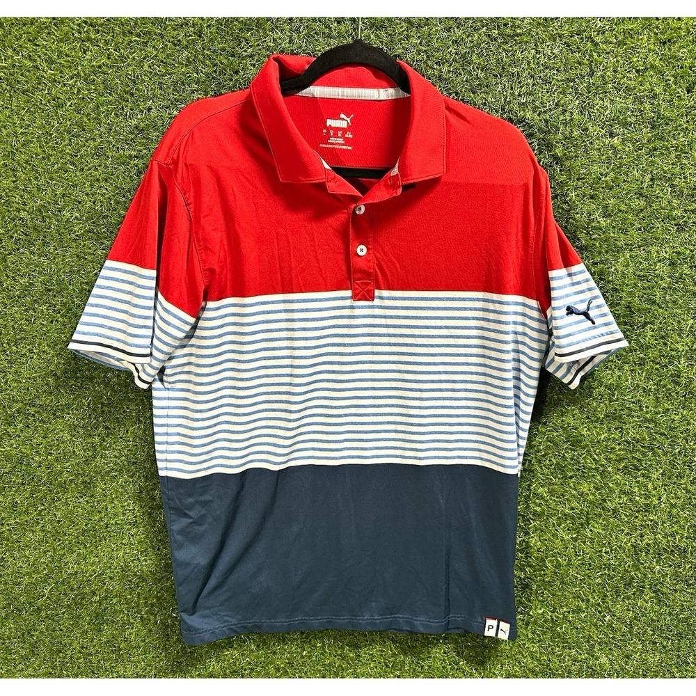 PUMA Mens Red White Blue Striped Polo Shirt Short Sleeve Logo Size L